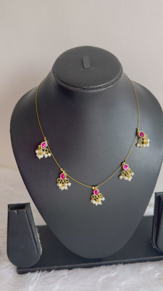 Gold tone pink-green kundan jadau reversible invisible necklace dj-51548