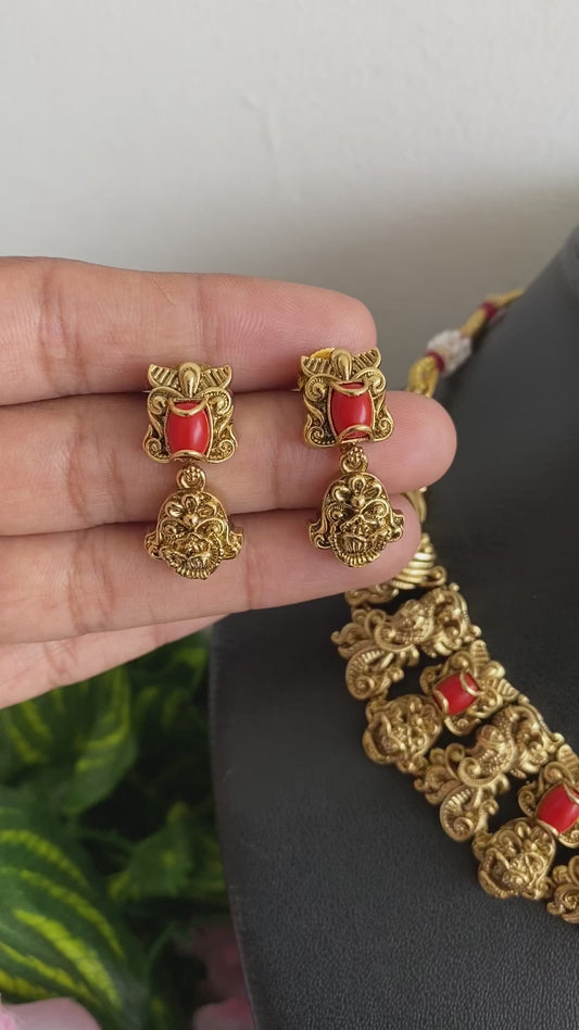 Antique gold tone coral stone peacock flower nakshi necklace set dj-47740