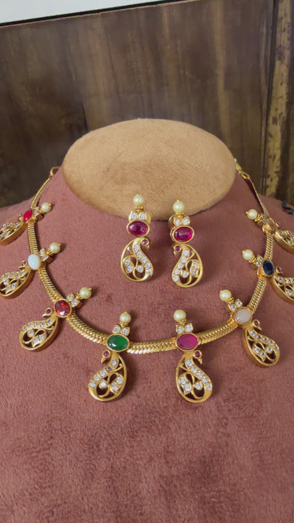 Matte finish navaratna stone peacock necklace set dj-34399