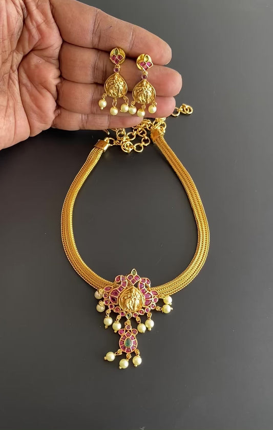 Matte finish cz kemp-green Lakshmi pendant necklace set dj-51824