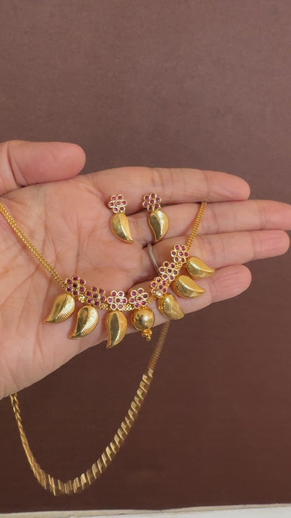 Gold tone pink flower stone mango necklace set dj-53048