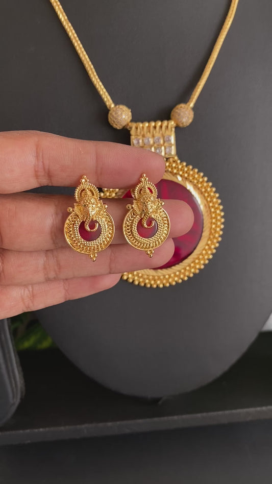 Gold tone kerala style white stone ball red round kodi necklace set dj-47836