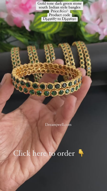 Gold tone dark green stone south indian style bangles(2.4) dj-49687