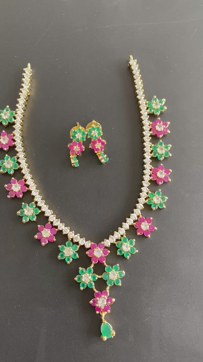 Gold Tone Cz Ruby-green Flower Necklace Set DJ31325