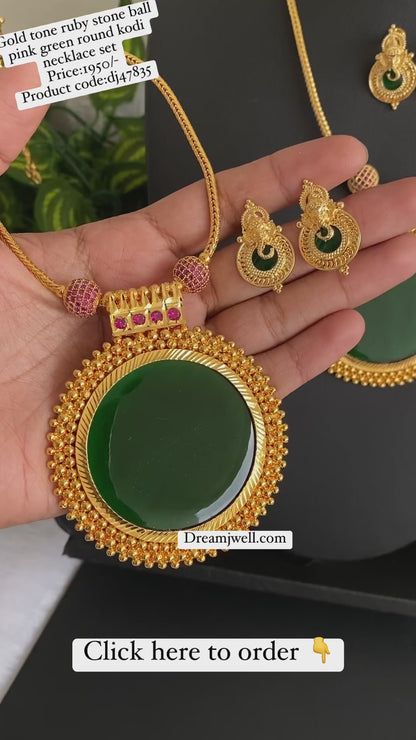 Gold tone kerala style ruby stone ball pink-green round kodi necklace set dj-47835