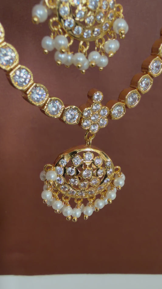 Gold Tone White AD South Indian Style Attigai/Necklace Set DJ28346
