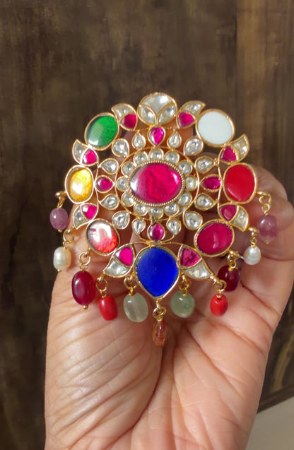 Gold tone navarathna kundan jadau flower pendant dj-51587
