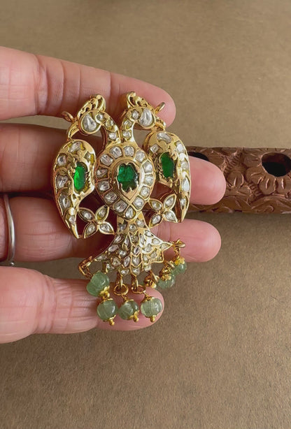 Gold tone pink-green-white kundan jadau reversible Gandaberunda pendant dj-51588