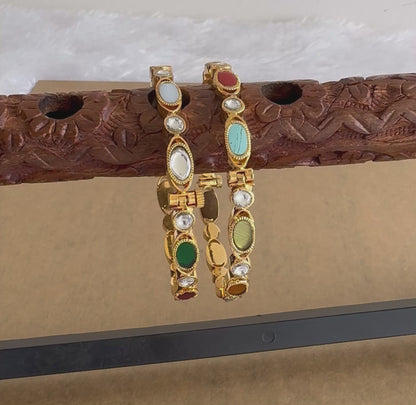 Gold tone navarathna screw type kundan jadau bangles(2.4) dj-51570