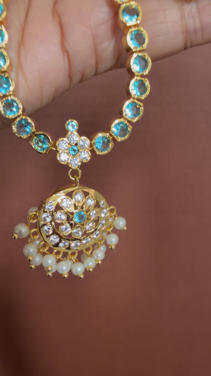 Gold tone AD Cerulean blue south indian style attigai/necklace set dj-51670