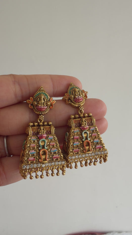 Matte finish pink-orange meenakari Gopuram jhumkka dj-53110