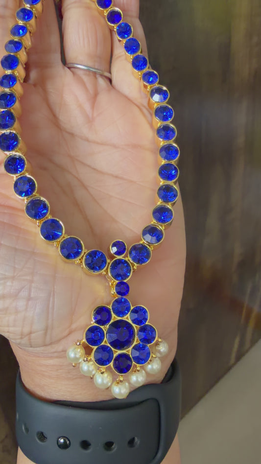 Gold tone AD blue stone attigai necklace dj-54602