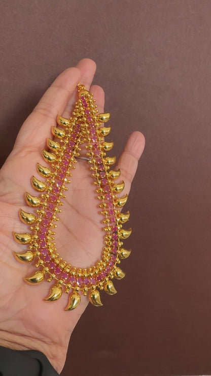 Gold tone pink stone kerala style mango necklace dj-53095