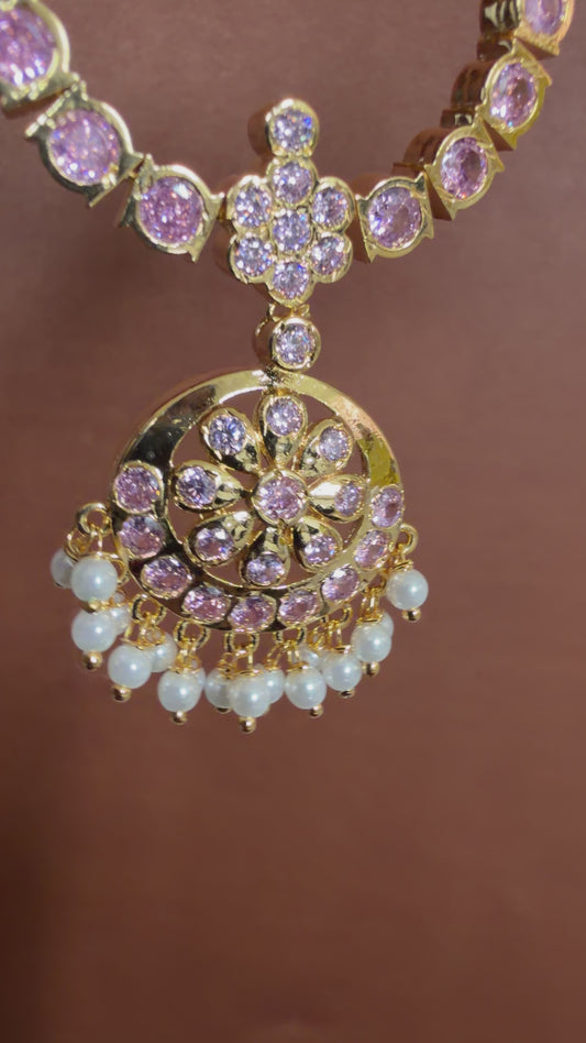 Gold tone ad baby pink south indian style attigai/necklace set dj-45884