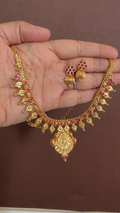 Gold tone pink stone mango necklace set dj-53051