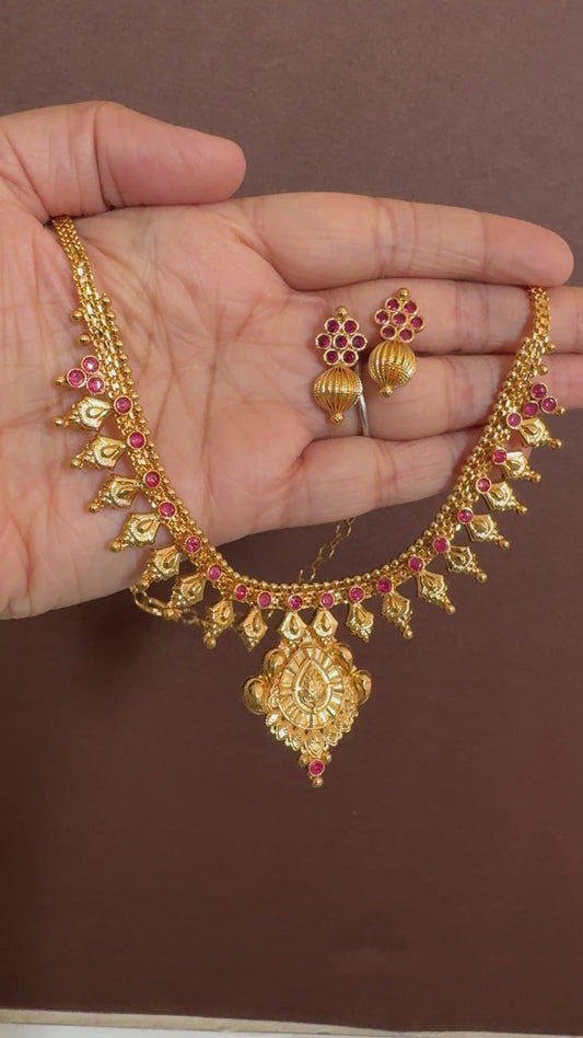 Gold tone pink stone mango necklace set dj-53051