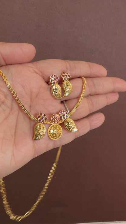 Gold tone pink stone mango lakshmi coin necklace set dj-53044