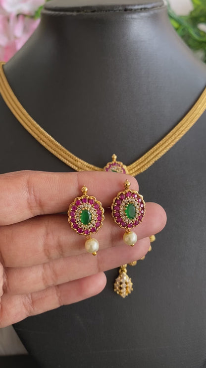 Matte finish ruby-green-white stone Lakshmi necklace set dj-46593