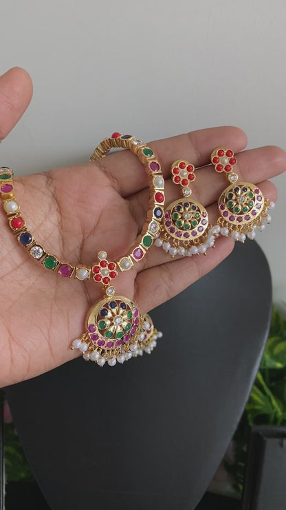 Gold tone navarathna south Indian style attigai/necklace set dj-18305