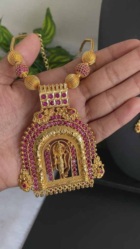 Gold tone kerala style ad pink stone Sri Ram peacock kodi necklace dj-47840