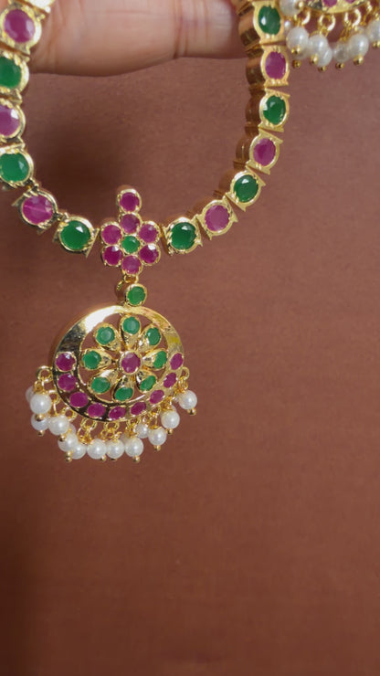Gold Tone Ruby-emerald South Indian Style Attigai/Necklace Set DJ28350