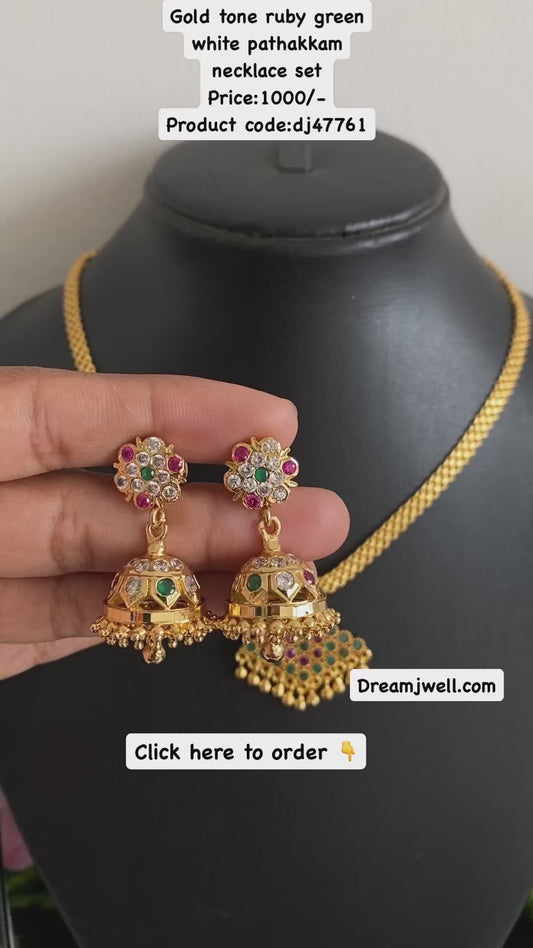 Gold tone ruby-green-white pathakkam necklace set dj-47761