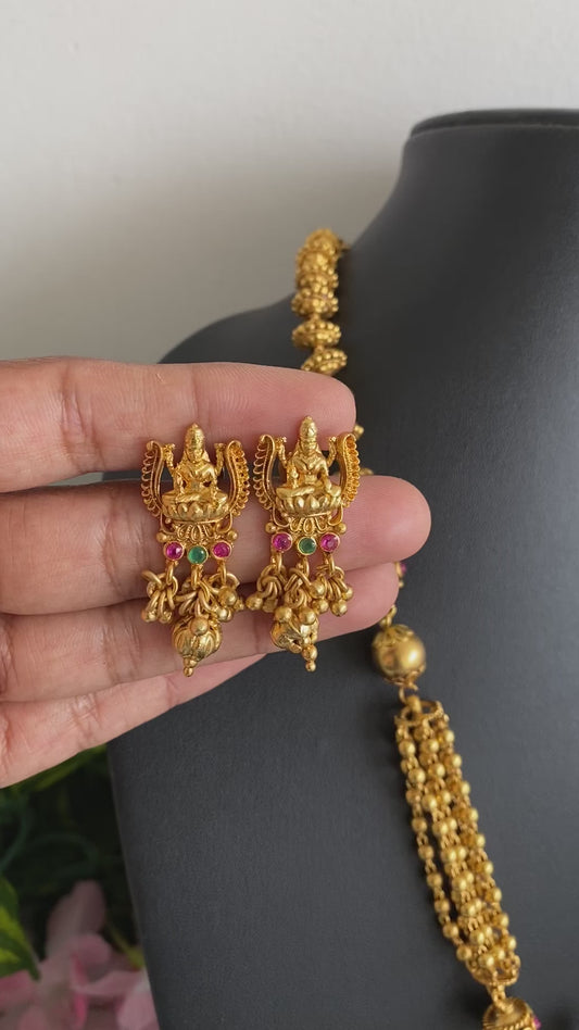 Matte finish pink-green-white kundan jadau lakshmi peacock haar set dj-47816