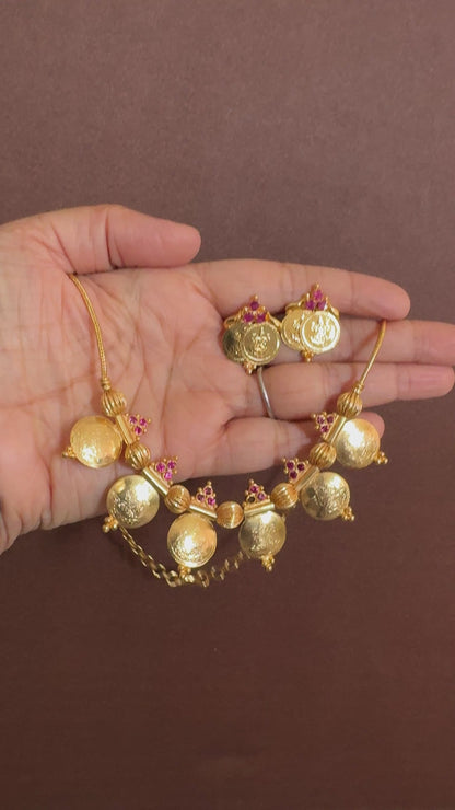 Gold tone pink stone lakshmi coin necklace set dj-53053