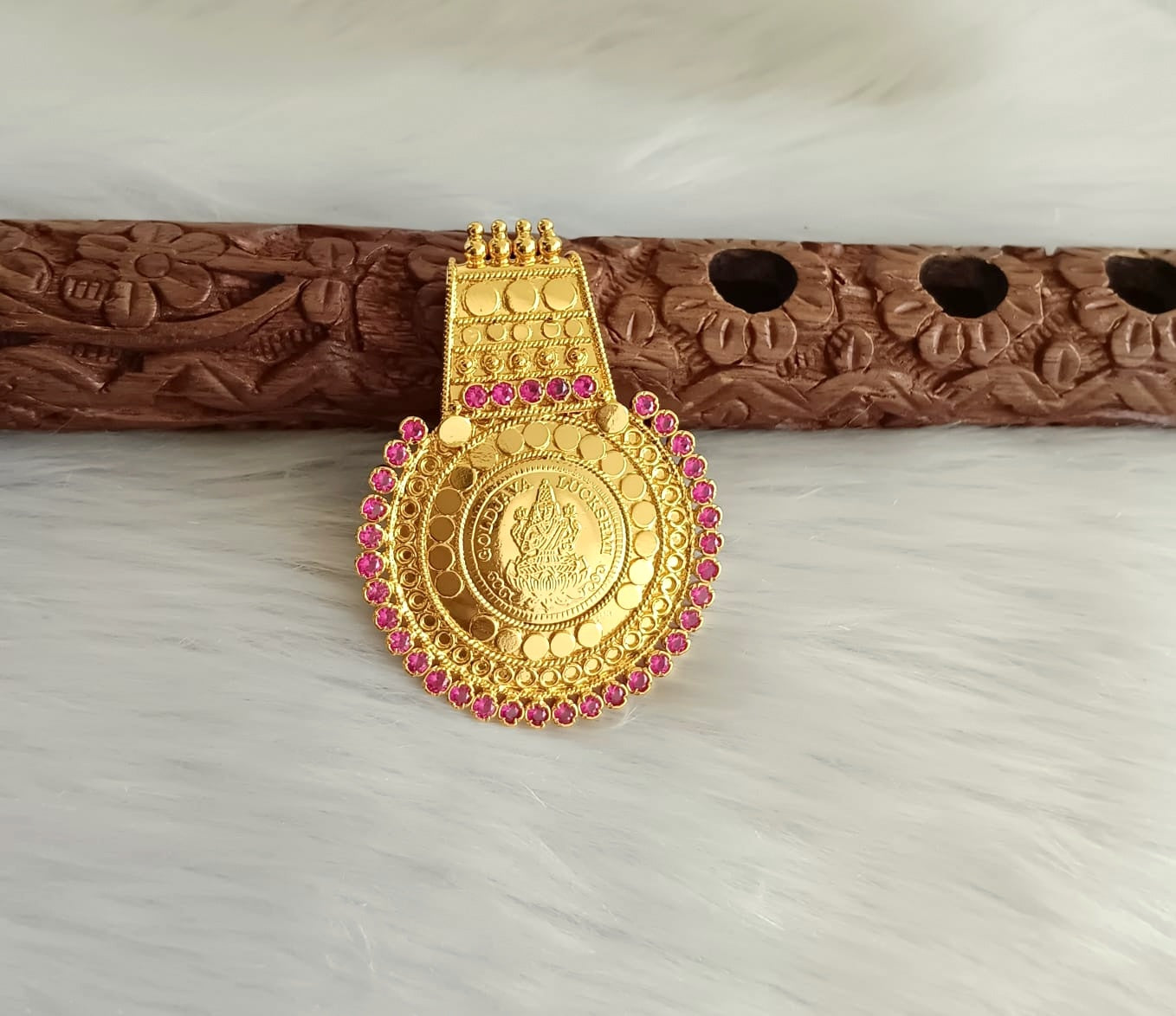 Gold tone AD pink Lakshmi Kerala style pendant dj-42003