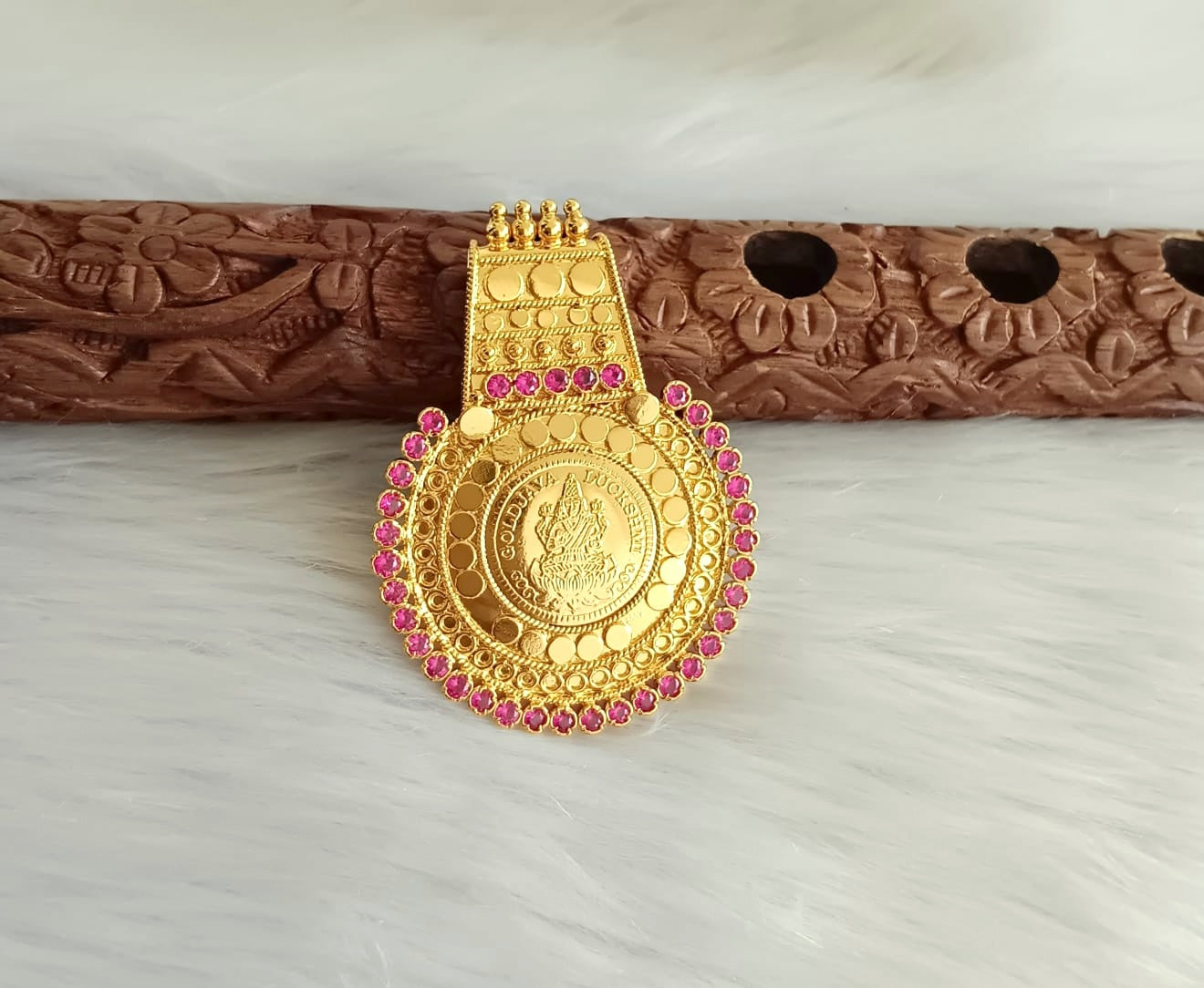 Gold tone AD pink Lakshmi Kerala style pendant dj-42003