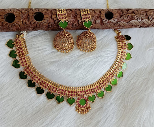 Matte finish red stone green palakka Kerala style necklace set dj-39169