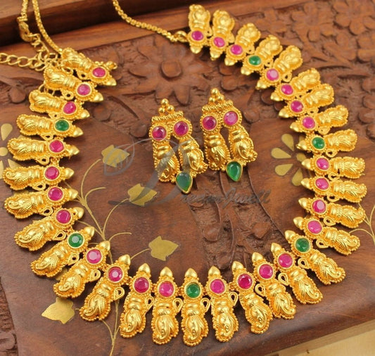 Royal Gold Tone Shanku Design Ruby-emerald Necklace Set-dj04632