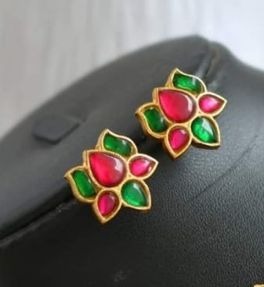 Gold tone pink-green kundan jadau Lotus earrings dj-39214