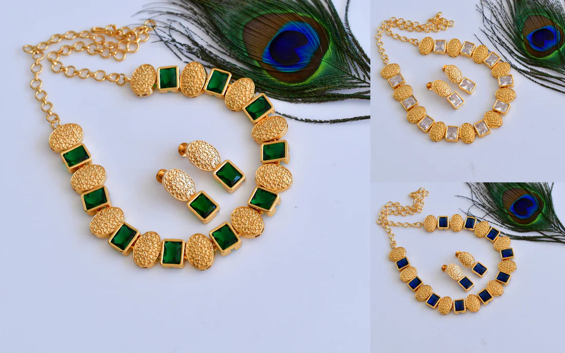 Gold tone sufi block stone necklace set