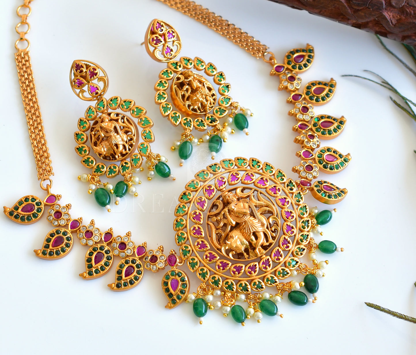 Matte finish kemp-green Reversible Krishna and Lakshmi choker/necklace set dj-35468