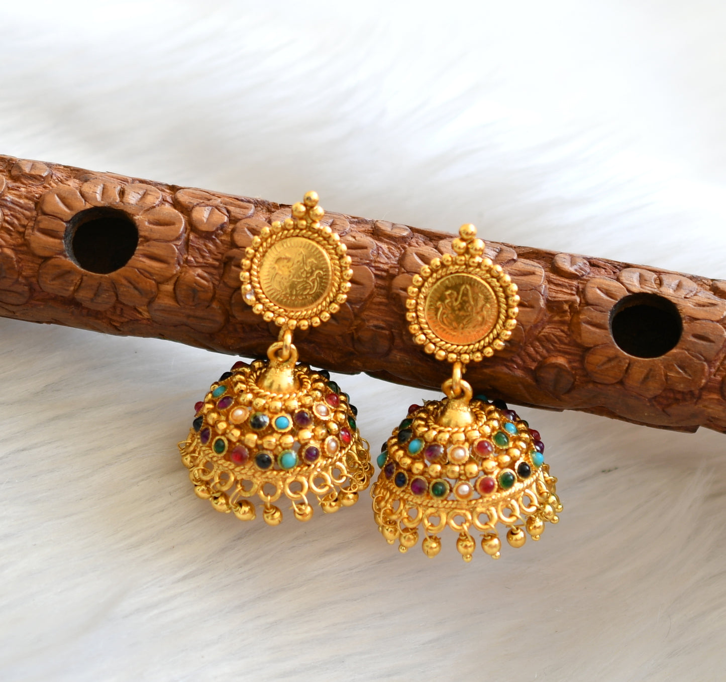 Gold tone Navarathna long lakshmi coin haar set dj-16448