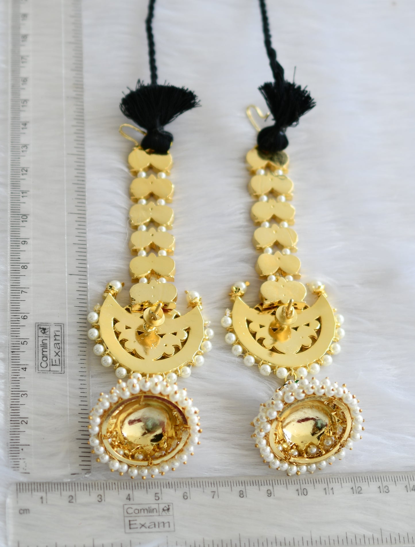 Gold tone real kemp-green-white semiprecious moon jhumkka with earrings side chain dj-39357