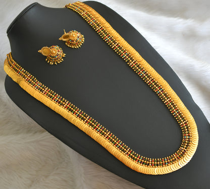 Gold tone Navarathna long lakshmi coin haar set dj-16448
