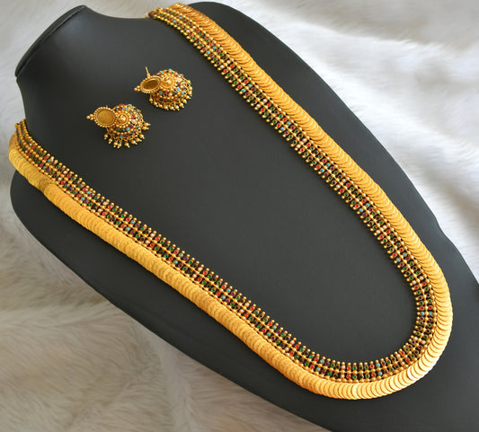 Gold tone Navarathna long lakshmi coin haar set dj-16448