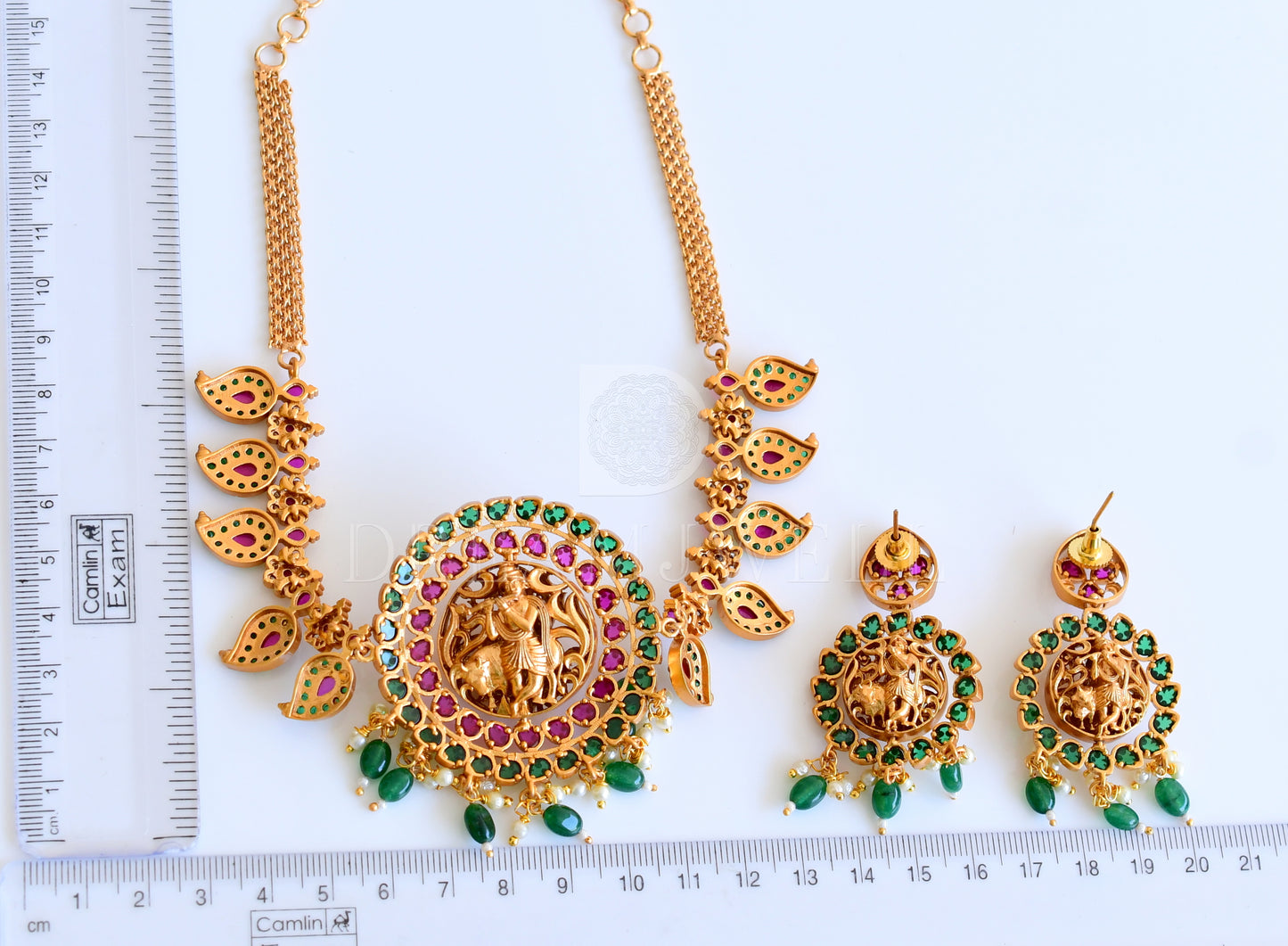 Matte finish kemp-green Reversible Krishna and Lakshmi choker/necklace set dj-35468