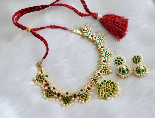 Gold tone semiprecious Kemp-green pearl necklace set dj-39350