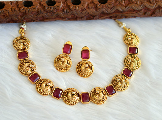 Antique ruby block stone peacock necklace set dj-34972