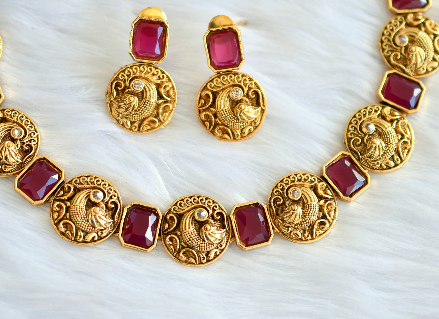 Antique ruby block stone peacock necklace set dj-34972