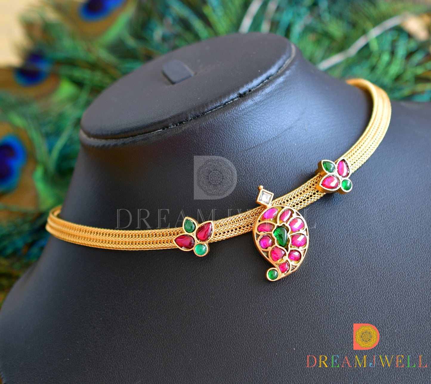 Gold tone kundan jadau pink-green-white mango necklace dj-36268