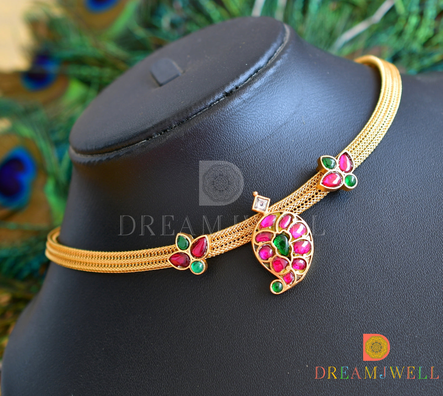 Gold tone kundan jadau pink-green-white mango necklace dj-36268