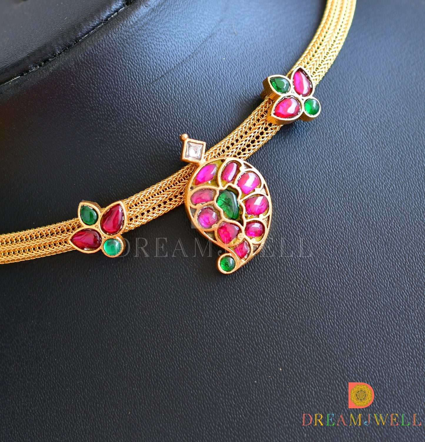 Gold tone kundan jadau pink-green-white mango necklace dj-36268