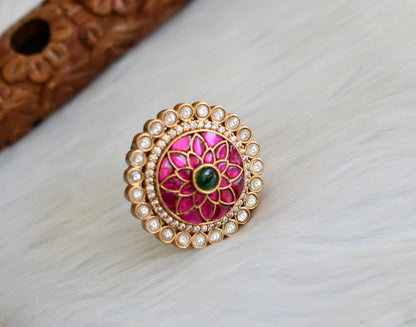 Matte finish pink-green-white kundan jadau stone finger ring dj-40977