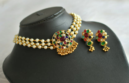 Matte finish navarathna pearl multi layer choker set dj-31223