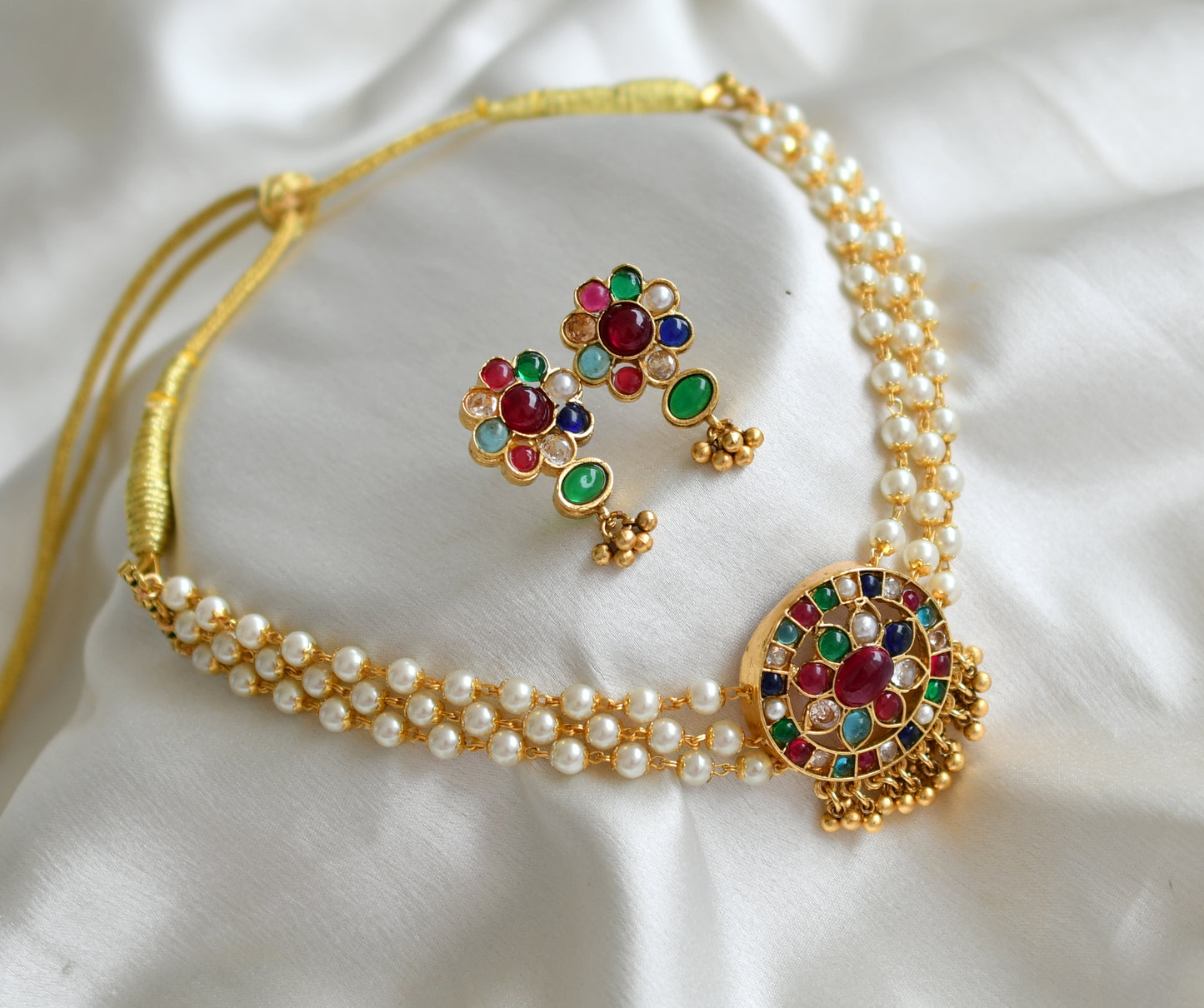 Matte finish navarathna pearl multi layer choker set dj-31223