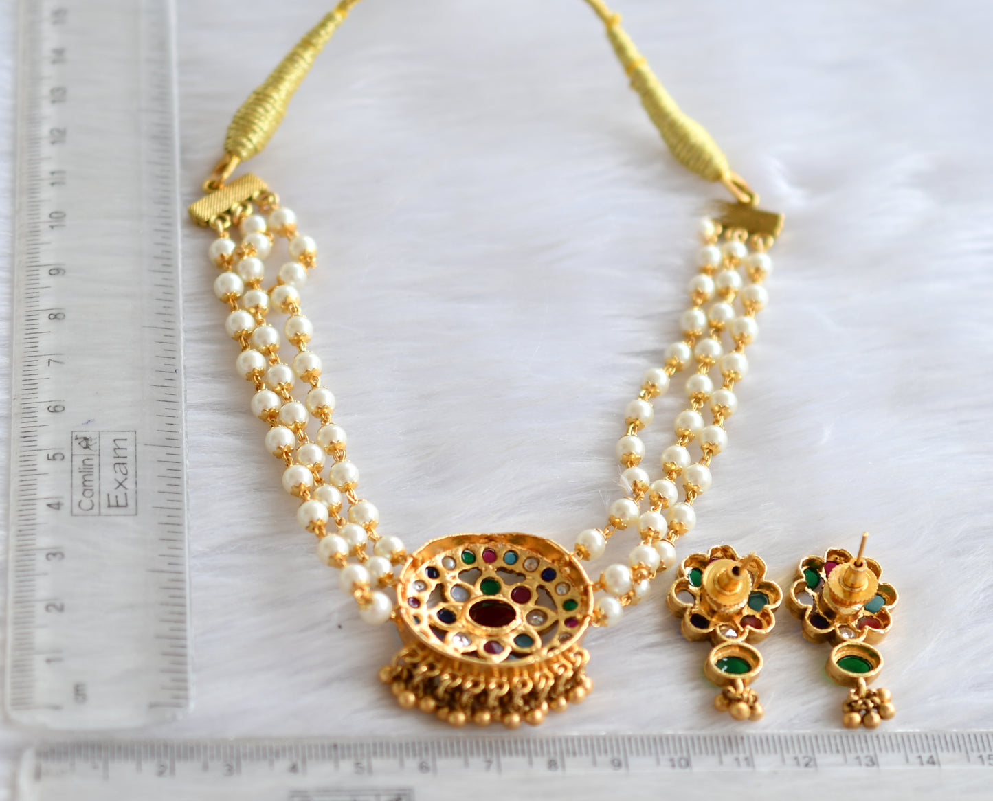 Matte finish navarathna pearl multi layer choker set dj-31223